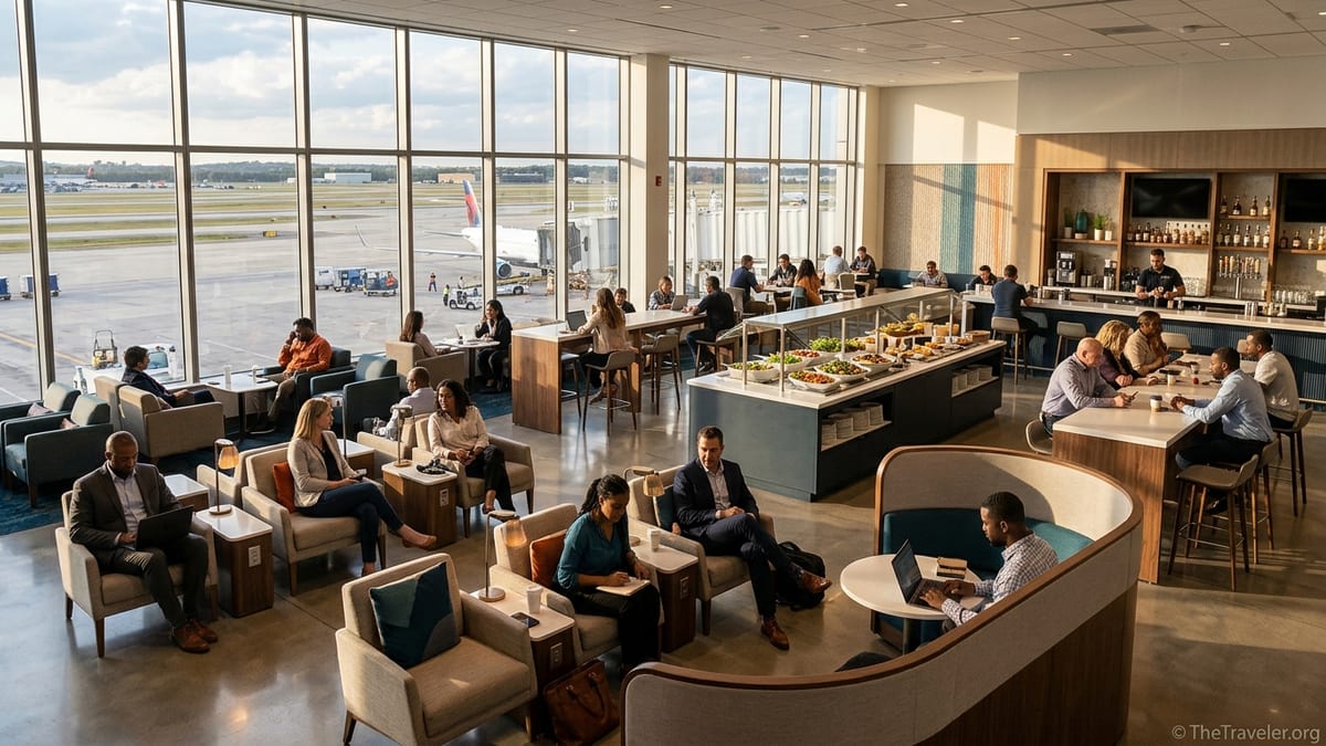Travelers relax and work inside a bright modern airport lounge overlooking the runway.