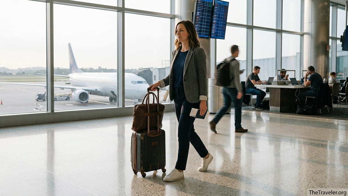 Business traveler walking with carry-on bag through a bright airport terminal at sunrise.