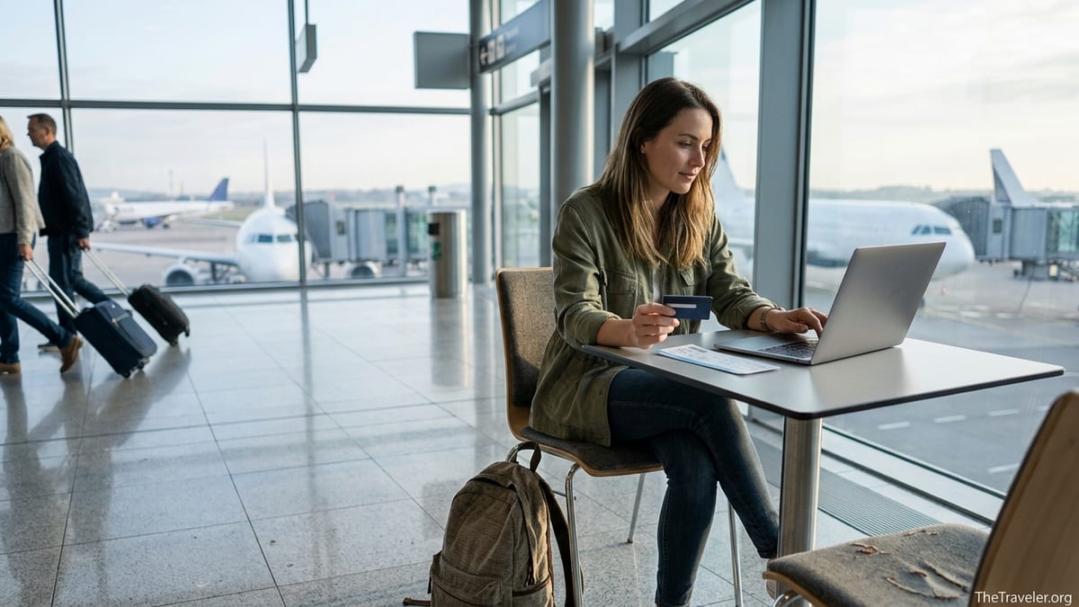 Traveler in an airport lounge reviewing trip plans with a credit card in hand.