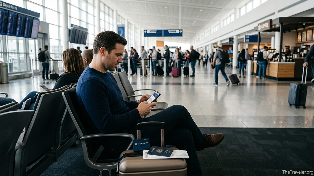 Traveler at an airport gate checking a Capital One card on their phone beside a suitcase.
