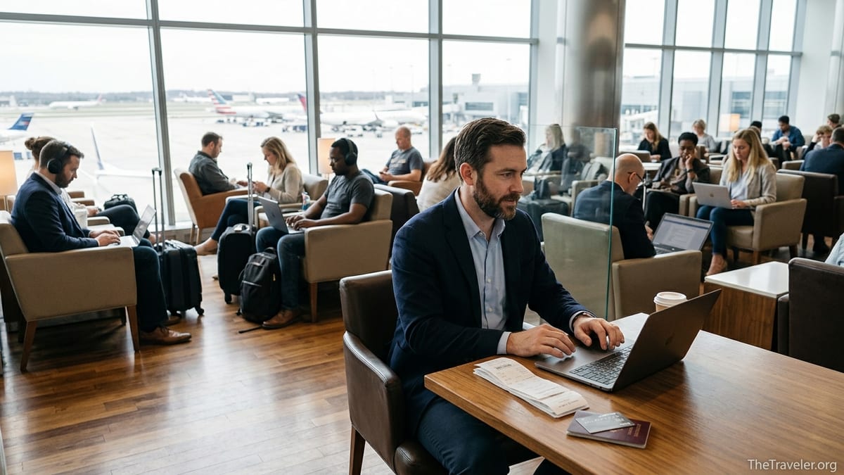 Business traveler in an airport lounge managing credit card travel expenses on a laptop.