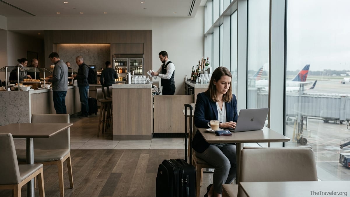 Business traveler in an airport lounge weighing a premium credit card decision.
