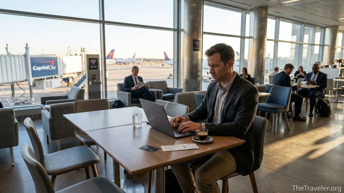 Business traveler using a credit card and laptop in a modern airport lounge with planes outside large windows.