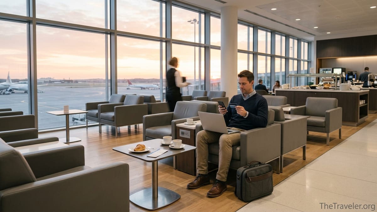 Business traveler in an airport lounge at sunrise reviewing trip details on laptop and phone.