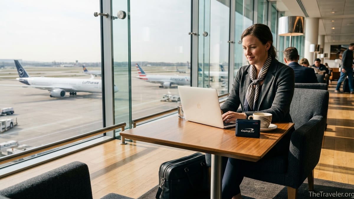 Business traveler working in an airport lounge with runway view and card wallet on table.
