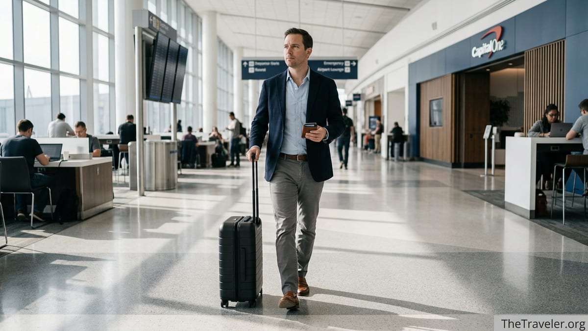 Business traveler walking past an airport lounge with carry-on bag and credit card in hand.