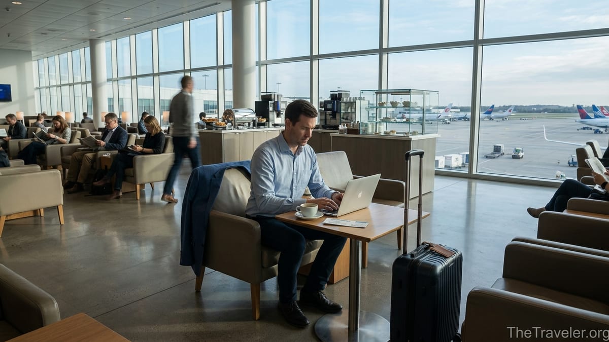 Business traveler working on a laptop in a modern airport lounge with suitcase nearby.