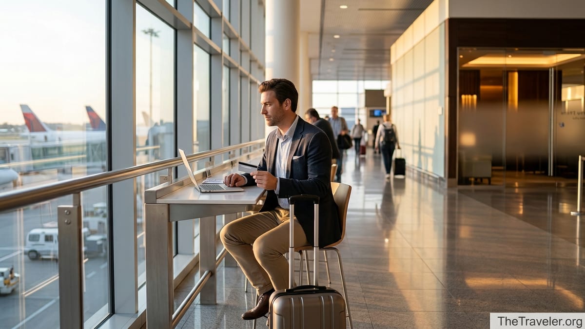 Frequent traveler with carry-on and laptop holding a credit card in a modern airport terminal.