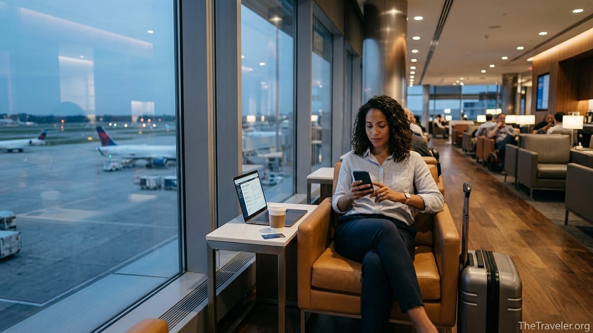 Solo traveler relaxing in a modern airport lounge with views of planes at dusk.
