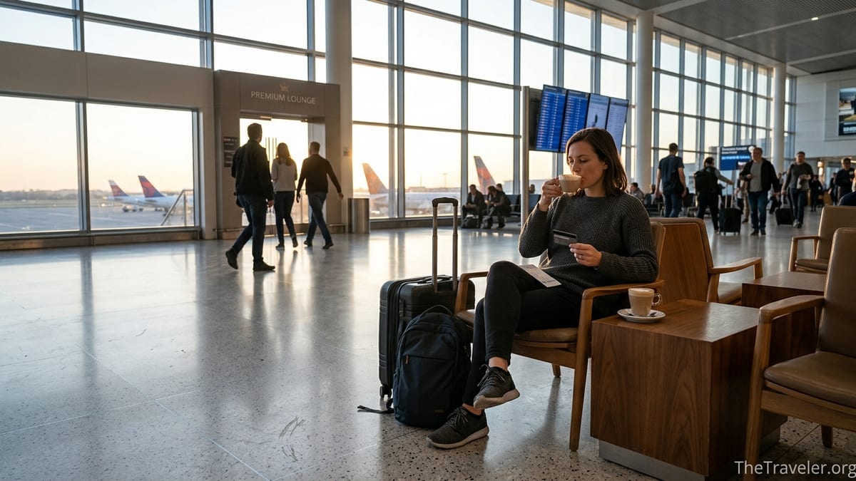 Traveler holding a credit card in an airport lounge near large windows at sunrise.