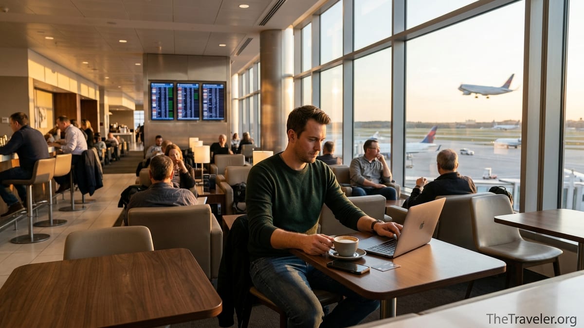 Traveler working in an airport lounge with planes visible through large windows.