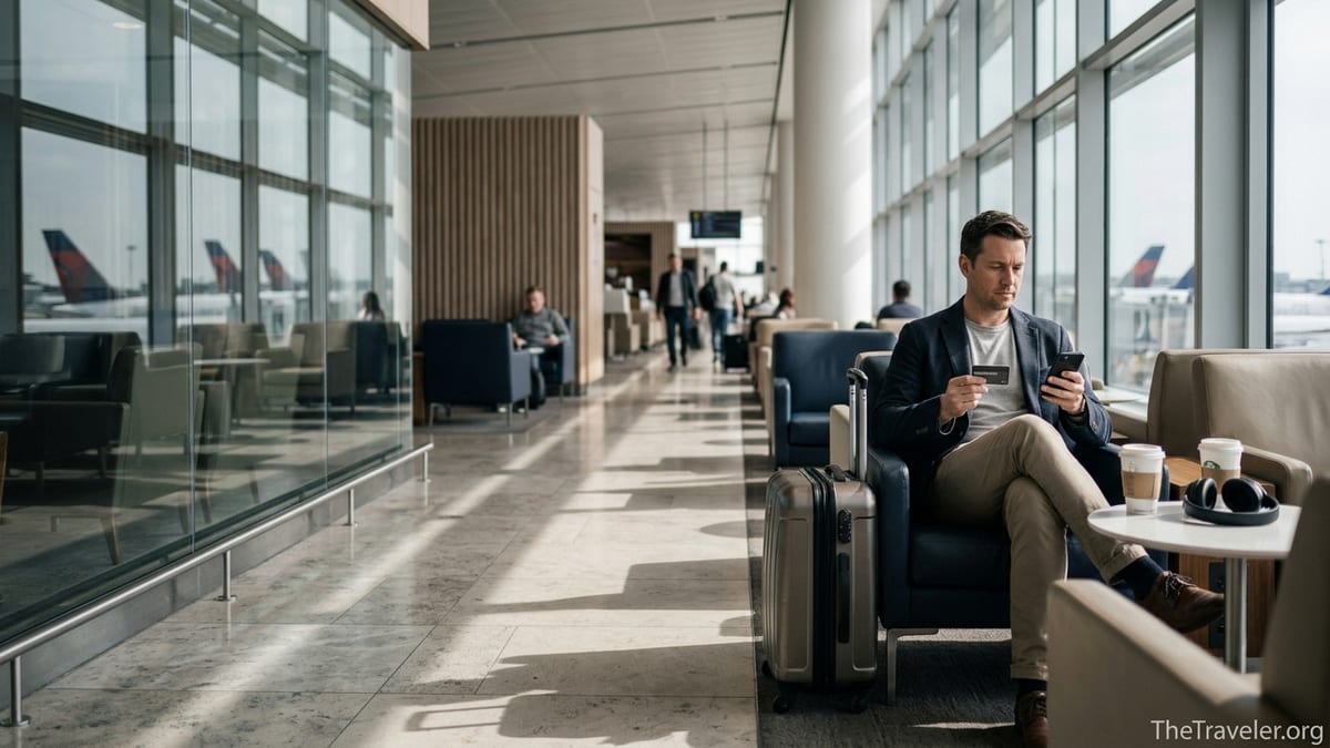 Traveler relaxing in an airport lounge at sunset, working on a laptop with a carry-on bag nearby.