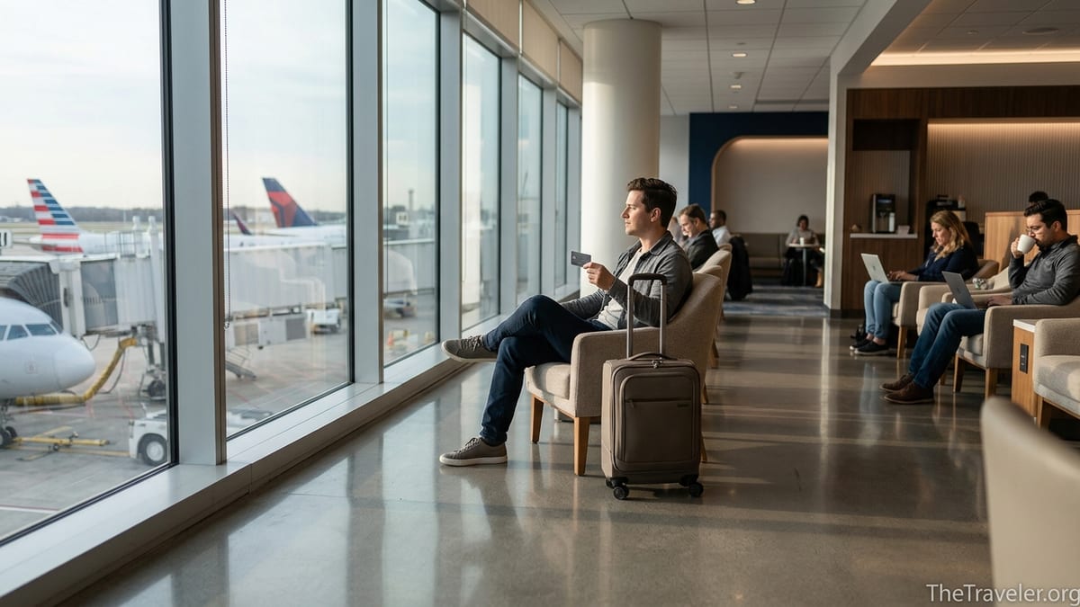Traveler relaxing in an airport lounge holding a credit card and looking out at planes parked at the gate.