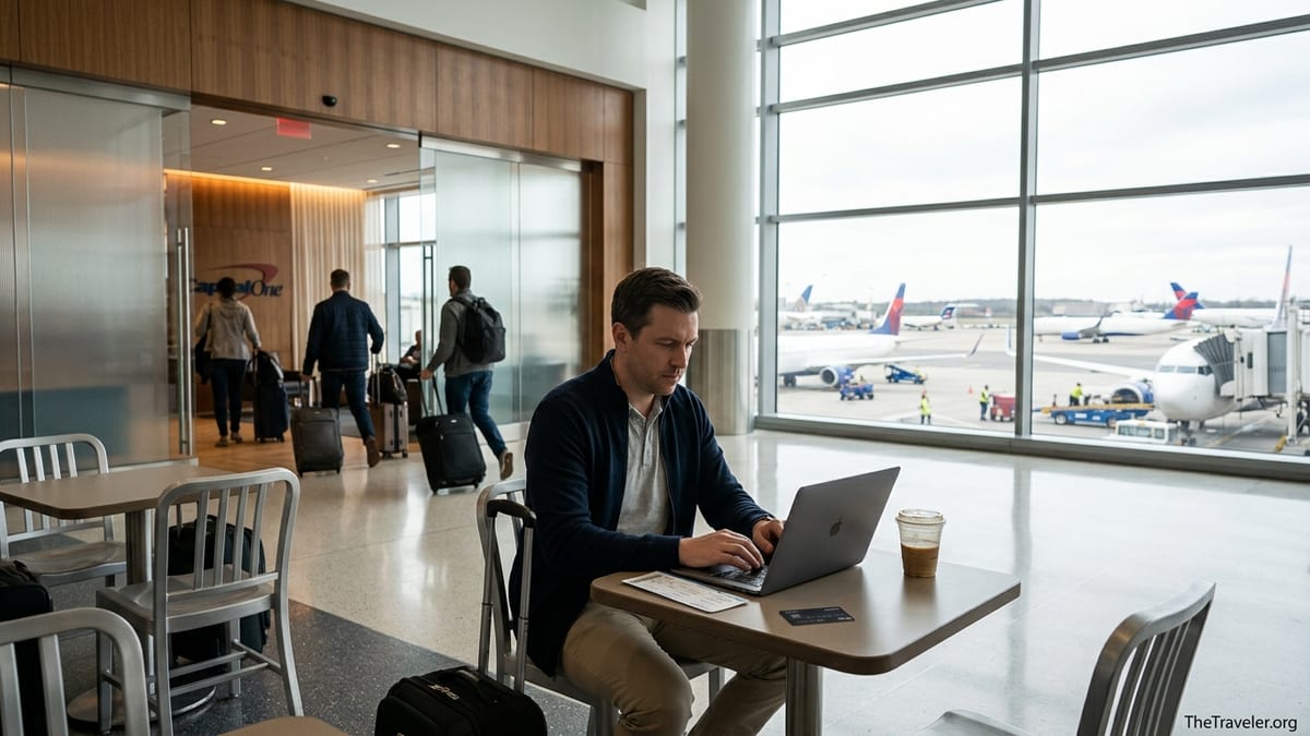 Traveler in a busy U.S. airport comparing trip details with a credit card near a lounge entrance.
