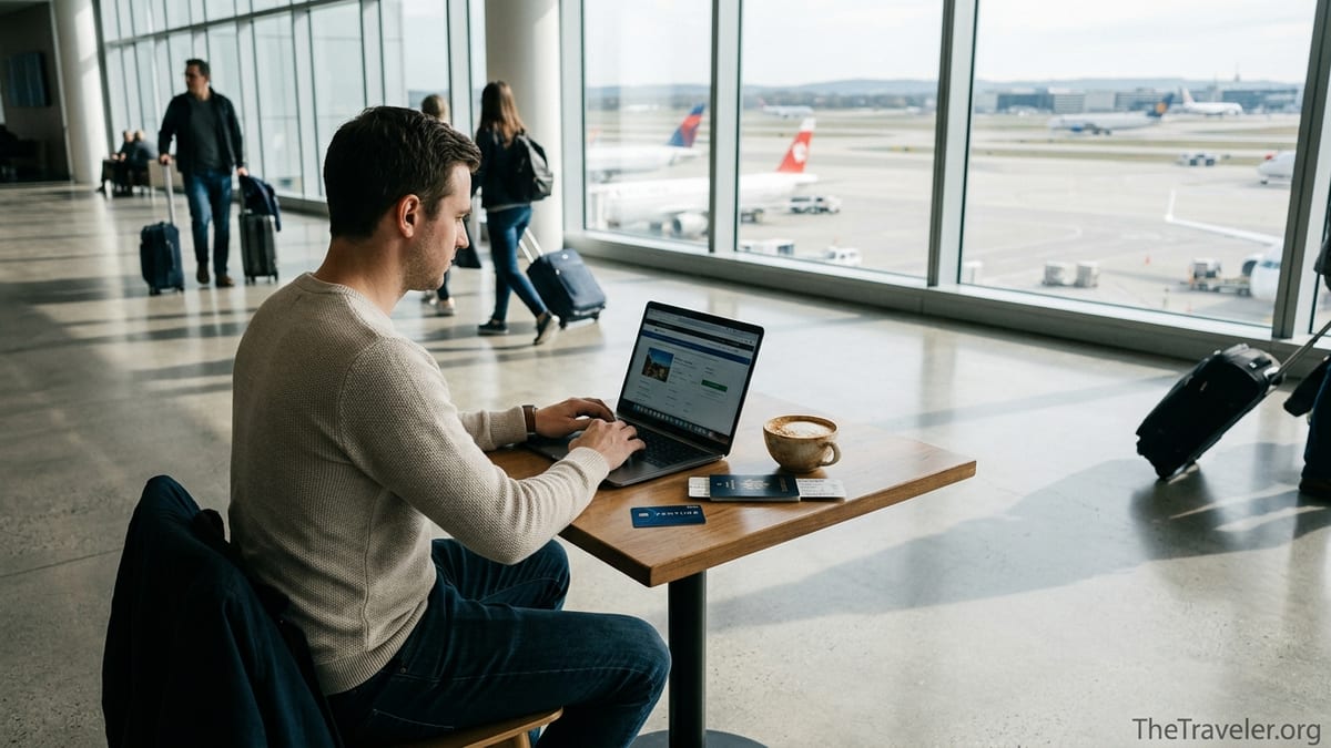 Traveler in an airport lounge using a laptop with a travel rewards credit card on the table.