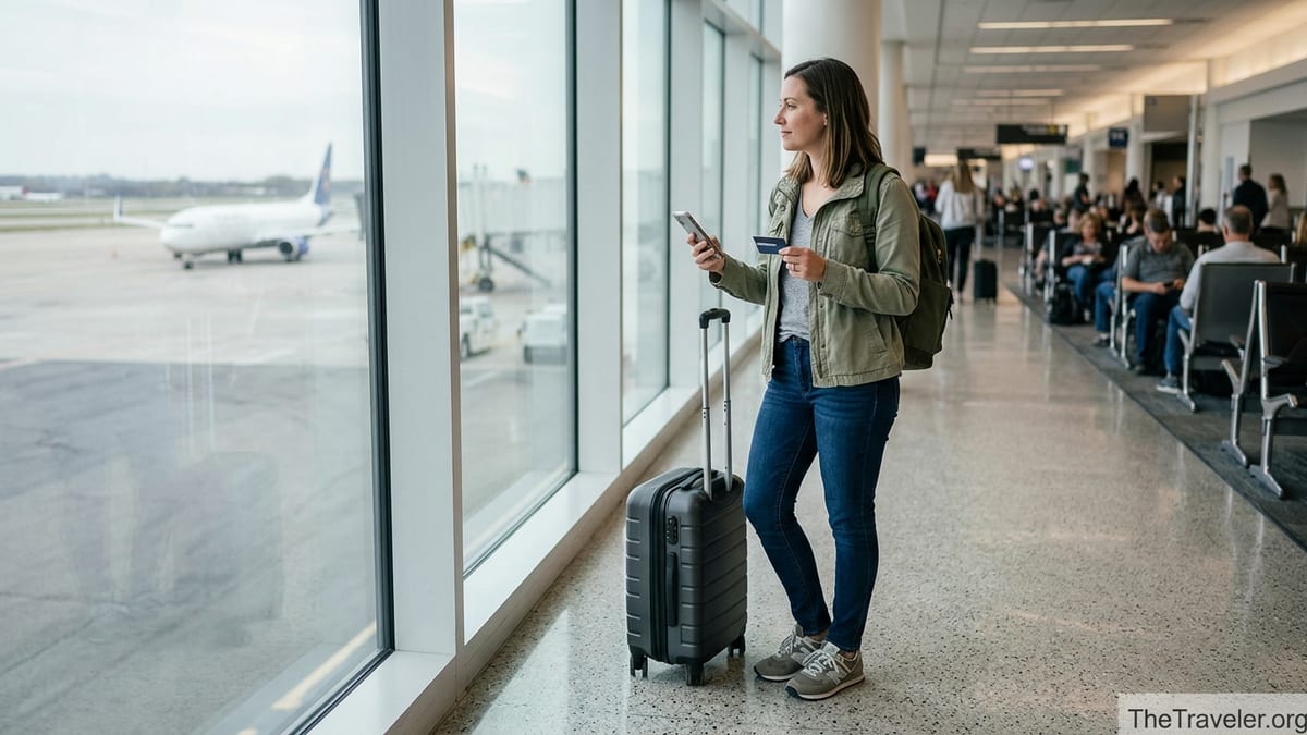 Casual traveler at an airport window holding a credit card and carry-on bag.