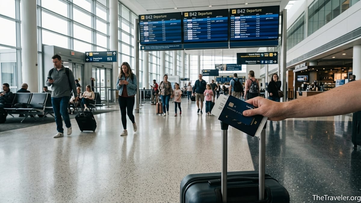 Traveler holding a credit card and passport by a carry-on bag in a busy airport terminal.