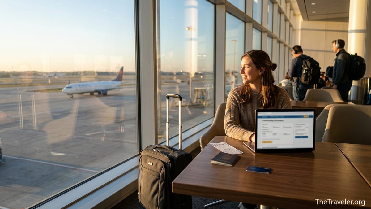 Traveler in airport lounge using a travel rewards credit card beside luggage and laptop.