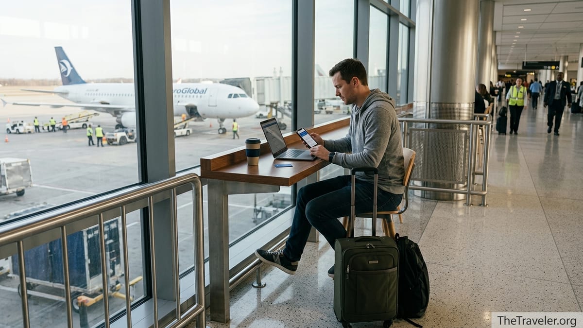 Traveler in airport using a credit card app on phone with suitcase and plane outside window.