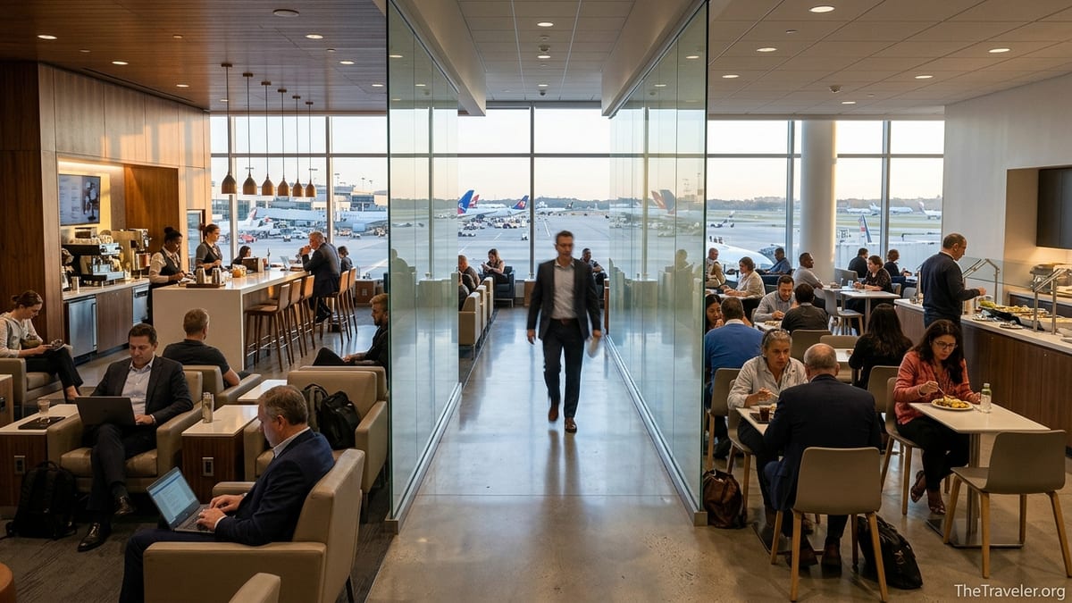 Travelers relaxing in a modern airport lounge with tarmac views at sunset.