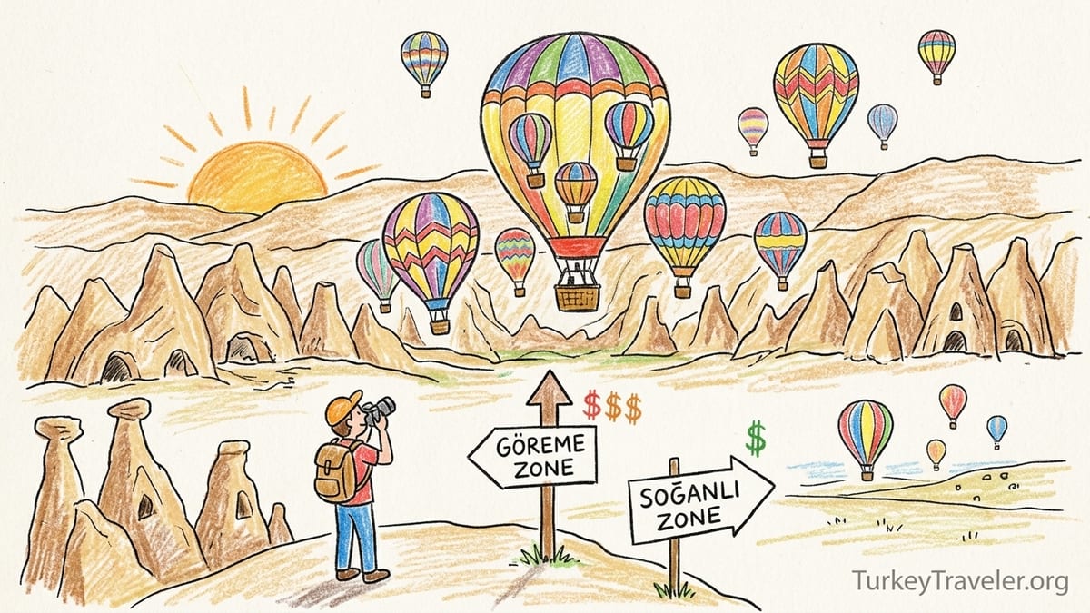 Hot air balloons at sunrise over Cappadocia’s Göreme valley and fairy chimneys.