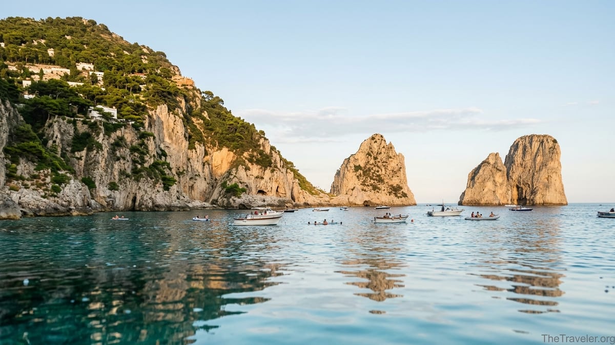 Late afternoon view of Capri’s Faraglioni cliffs and boats on calm turquoise water