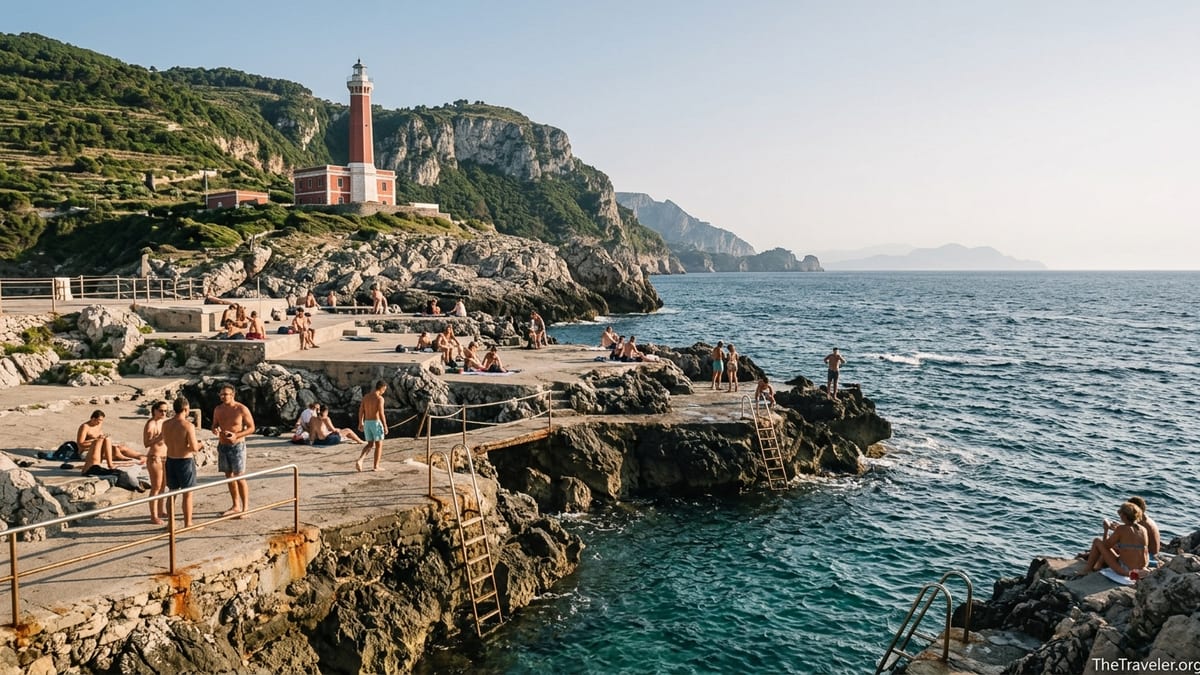 Late afternoon swimmers and lighthouse at Punta Carena on Capri’s rocky coastline