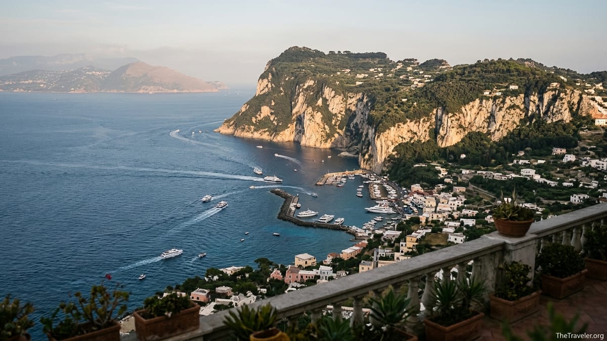 View over Capri’s harbor and cliffs from a high terrace on a golden late afternoon.
