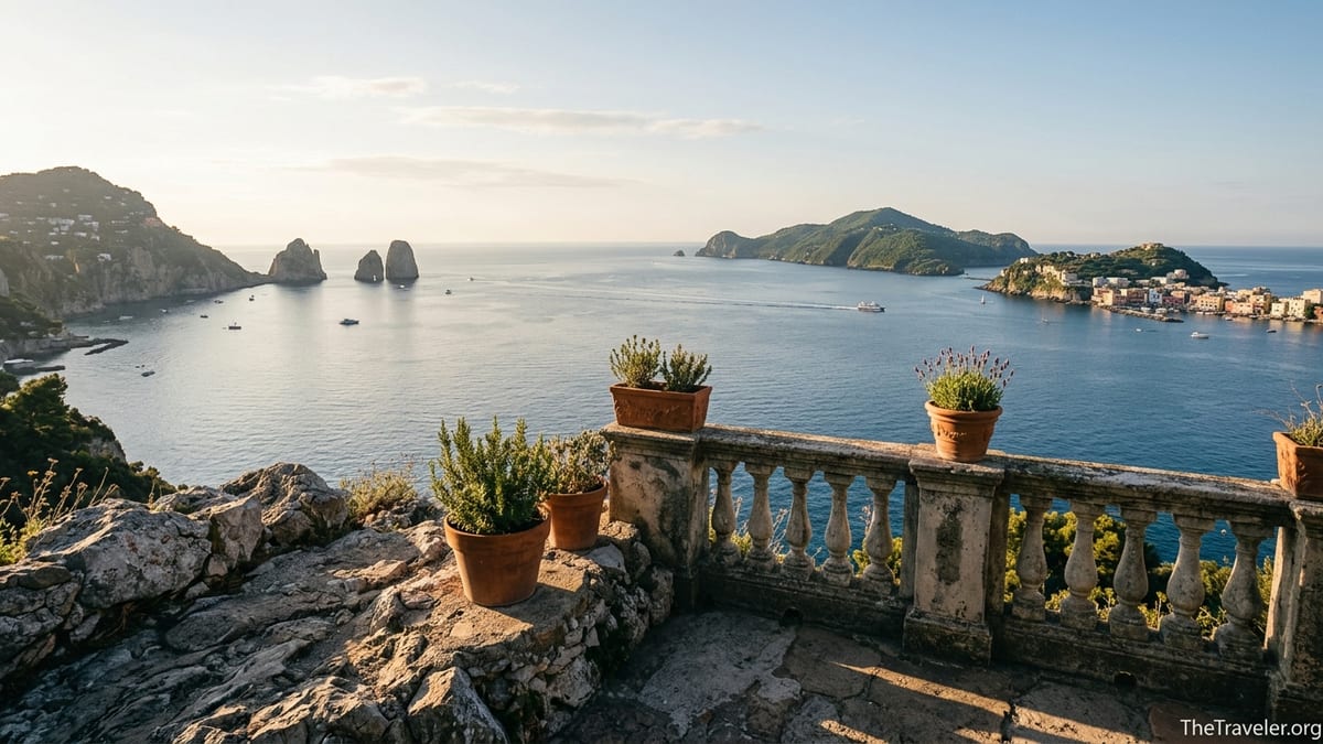 A wide sunrise view of Capri, Ischia and Procida islands across the calm Bay of Naples.