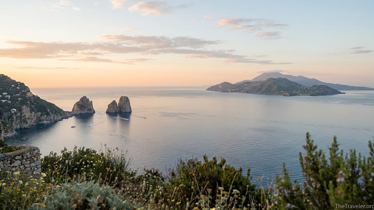 Sunrise over Capri and Ischia seen across a calm Bay of Naples from a coastal overlook.