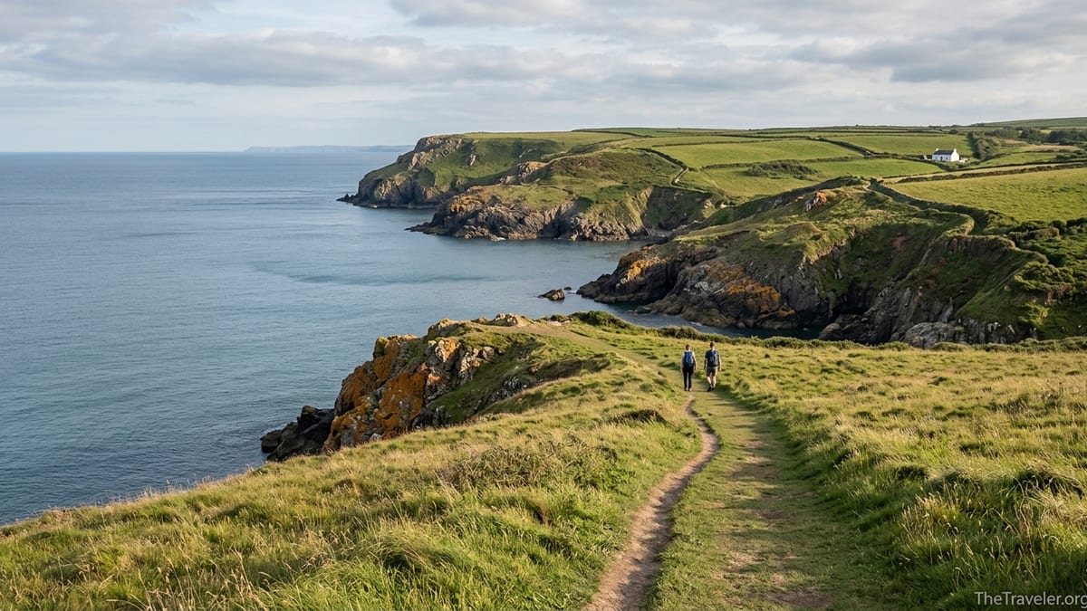 Hikers on the Pembrokeshire Coast Path overlooking cliffs and sea in Wales