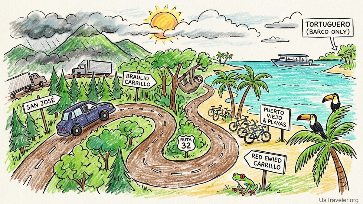 Car parked on Costa Rica’s Caribbean roadside with bicycles and jungle-lined beach.