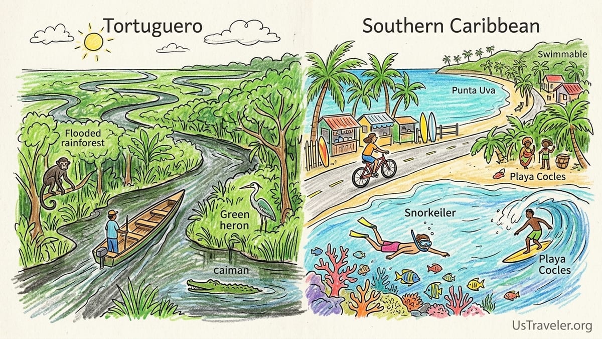 Palm-lined beach and turquoise bay on Costa Rica’s southern Caribbean coast with rainforest backdrop.