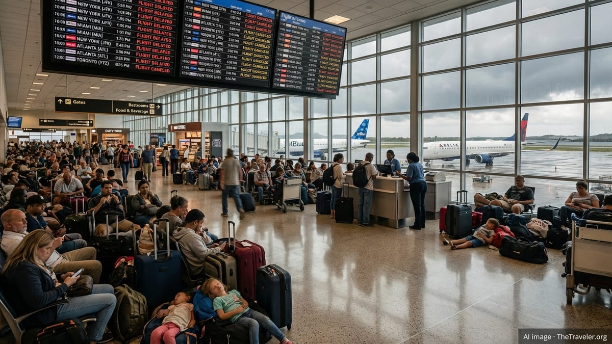 Crowded departure hall in Sint Maarten airport with stranded passengers and delayed flights on screens.