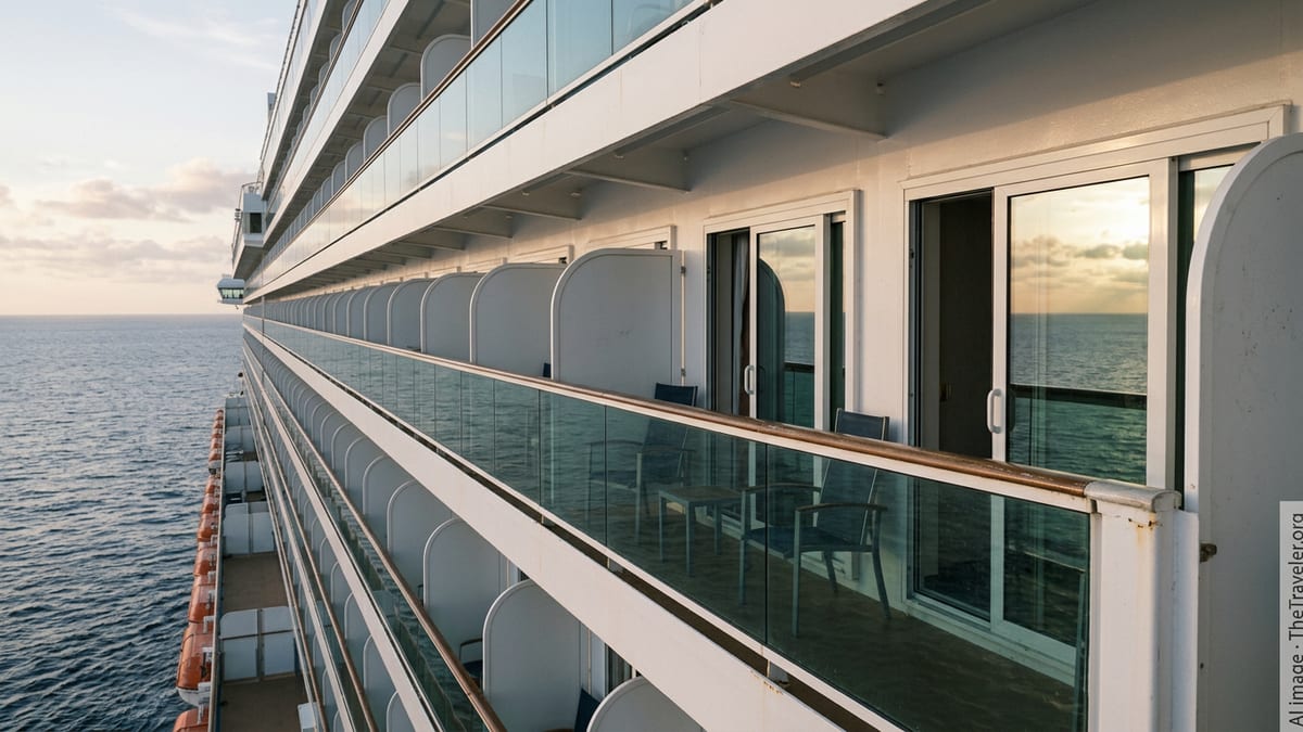 Row of Carnival cruise ship balconies at sea with doors open but no bedding outside, highlighting safe balcony use.
