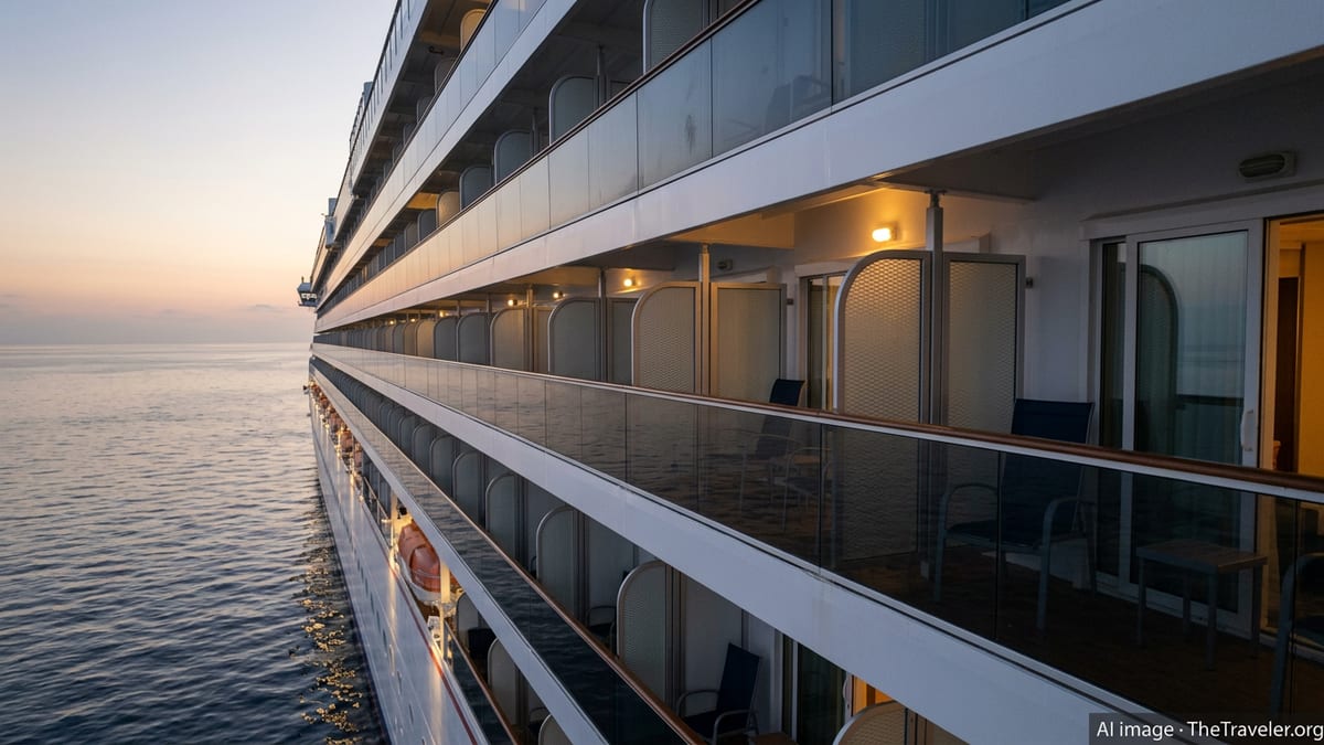 Exterior view of a Carnival cruise ship’s lit balcony cabins at dusk as it sails on calm sea.