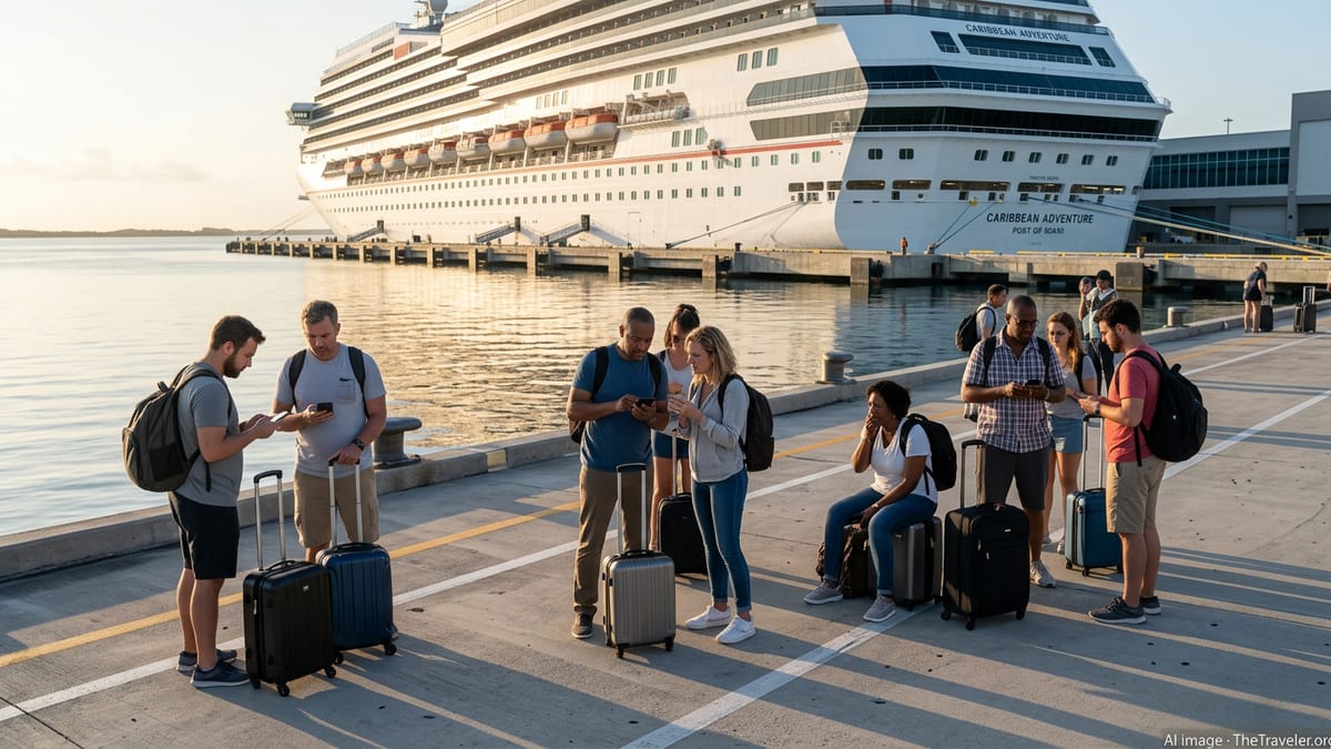 Travelers with luggage wait uncertainly at a quiet cruise terminal beside a docked cruise ship at sunrise.