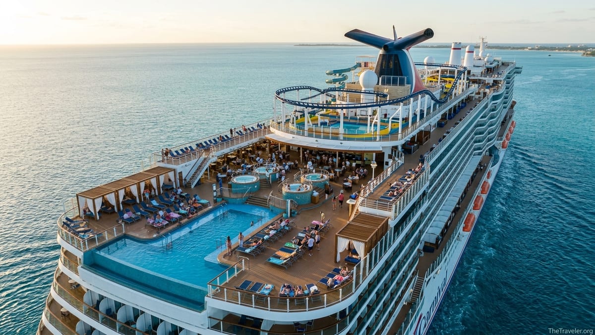 Aerial view of a Carnival cruise ship’s resort-style decks with pools, slides, and lounges at sea.