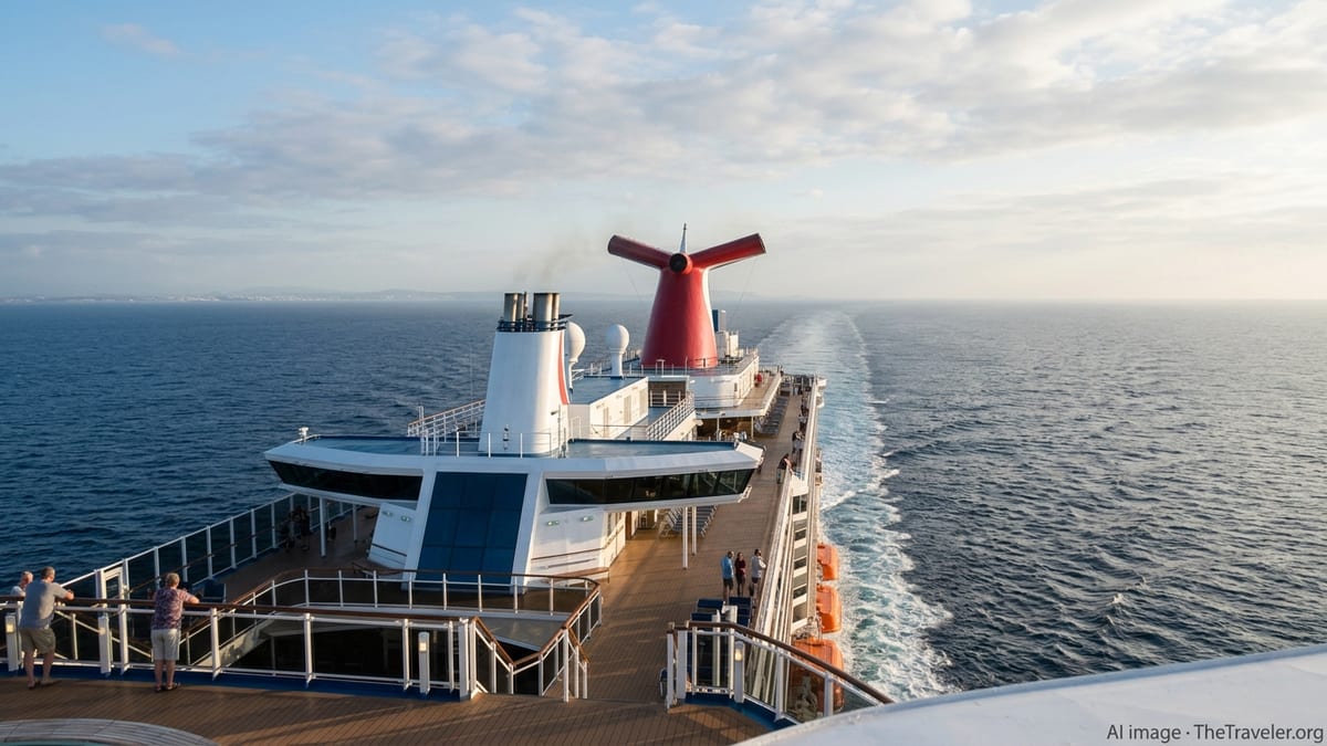 A modern Carnival cruise ship underway at sea, showing its funnel, upper decks and foaming wake in bright afternoon light.