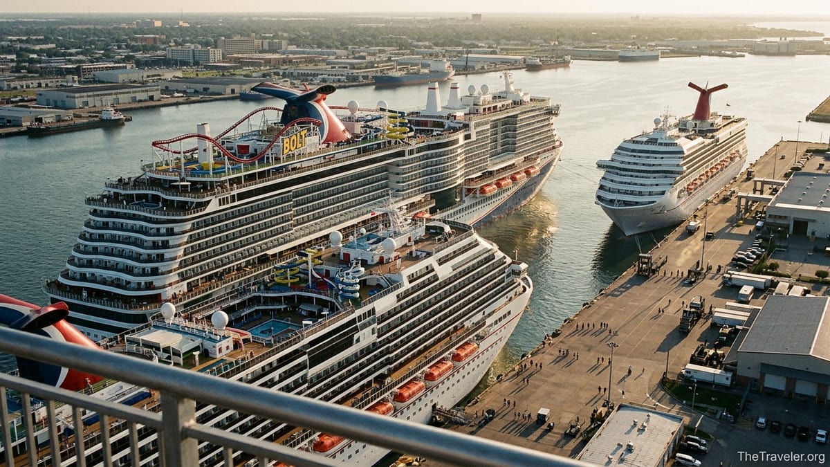 Three different sized Carnival cruise ships docked side by side in Galveston at sunset.