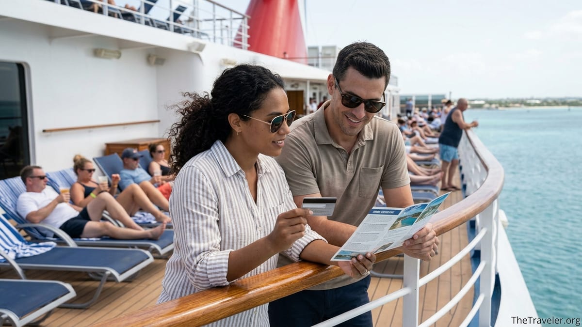 Couple on a Carnival cruise ship deck reviewing a credit card and excursion brochure overlooking the sea.