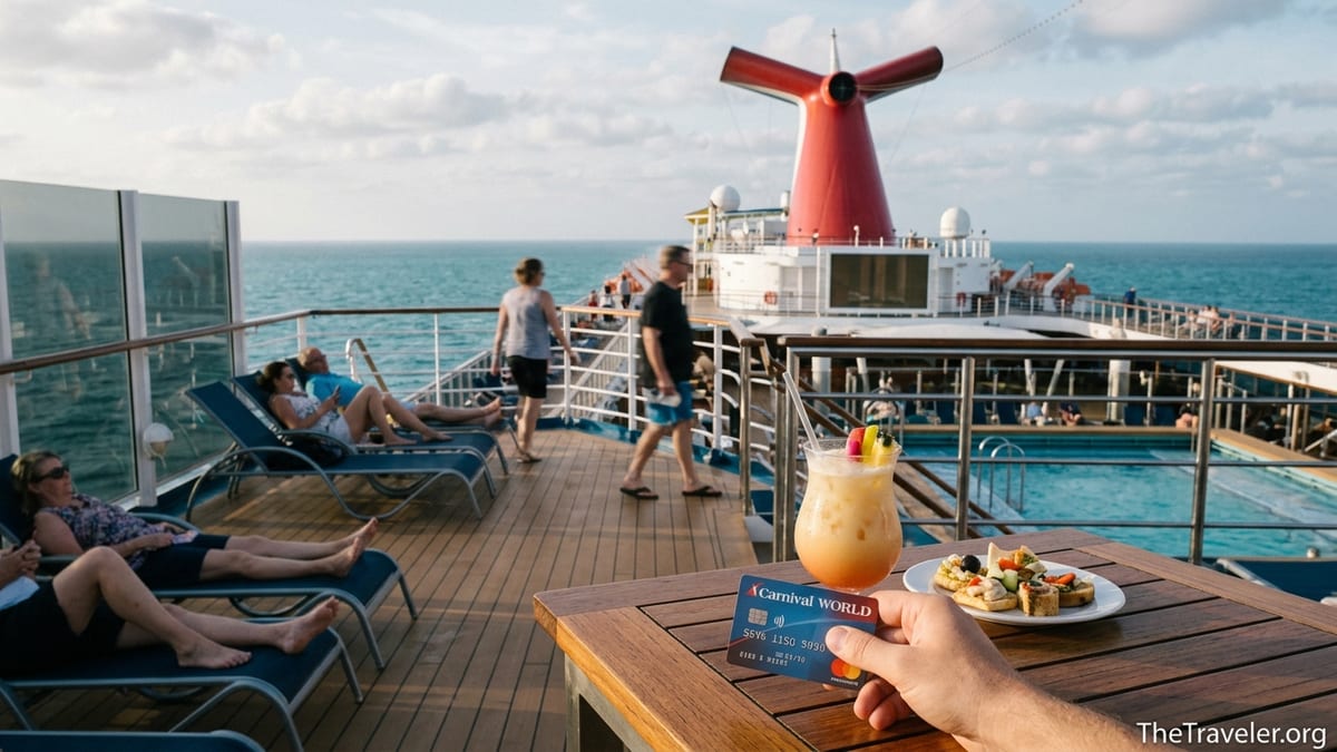 Passenger holding a Carnival credit card beside a cocktail on the open deck of a Carnival cruise ship at sea.