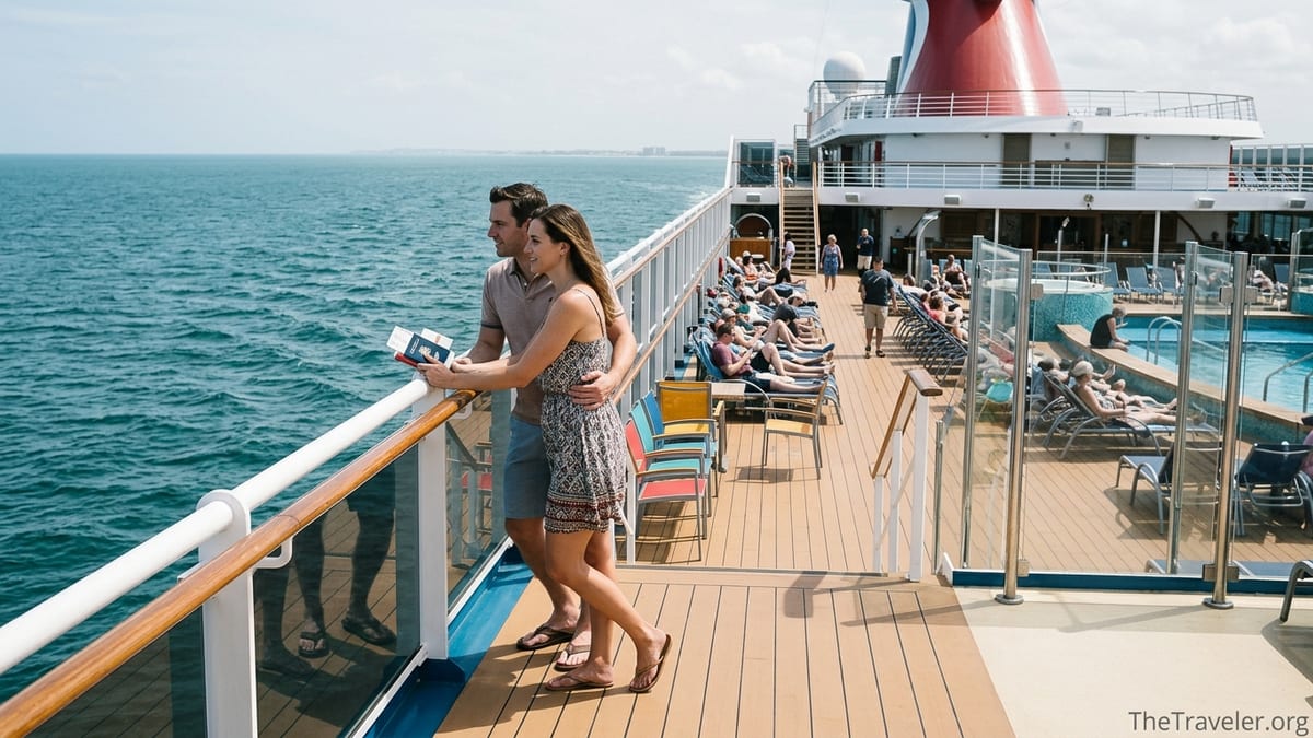 Couple on a Carnival cruise ship deck holding a credit card and documents, looking out over the ocean.