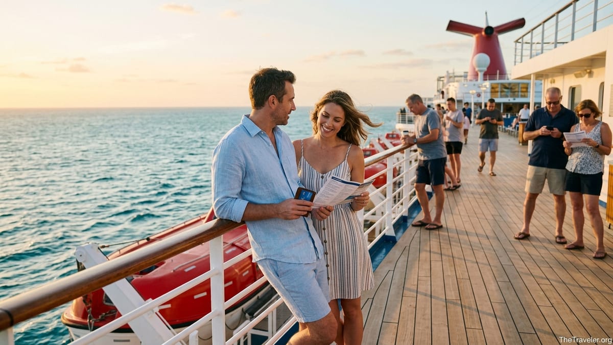 Couple on a Carnival cruise ship deck at sunset reviewing credit card and onboard charges.