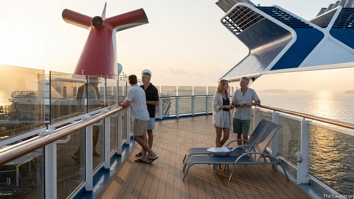 Couples on a cruise ship deck at sunrise comparing cruise credit cards.