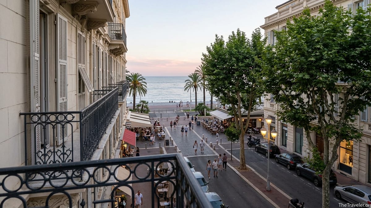Early evening view over Nice’s Carré d’Or toward the Promenade des Anglais and the Mediterranean Sea.