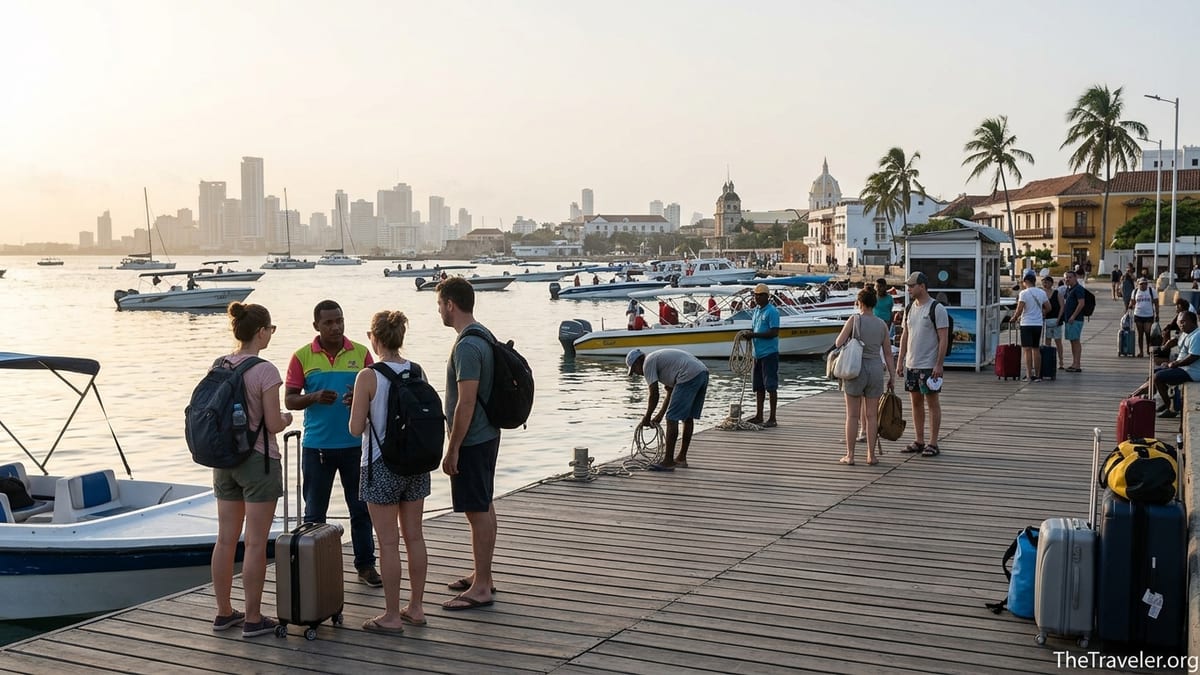 Travelers boarding small boats at Cartagena pier at sunrise for transfers to Baru and Playa Blanca.