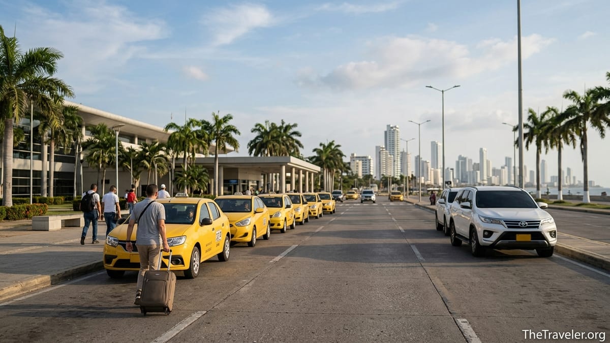 Traveler exiting Cartagena airport toward yellow taxis with Bocagrande skyline in the distance.