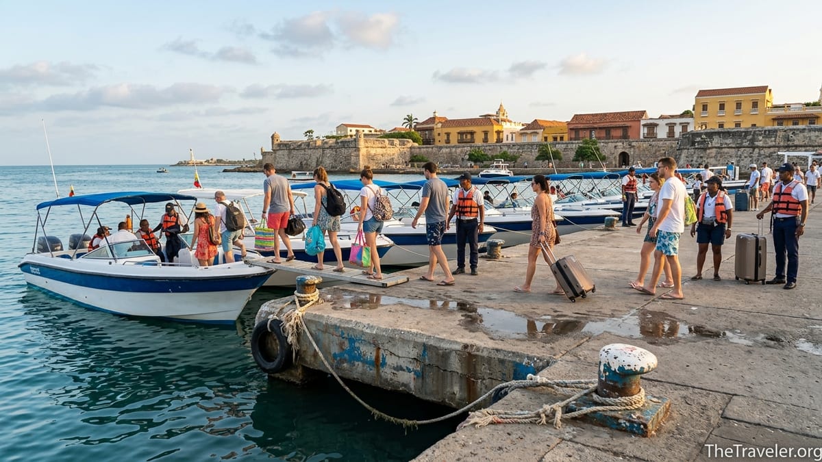 Travelers boarding speedboats at Cartagena’s Muelle de la Bodeguita for Rosario Islands departures at sunrise.