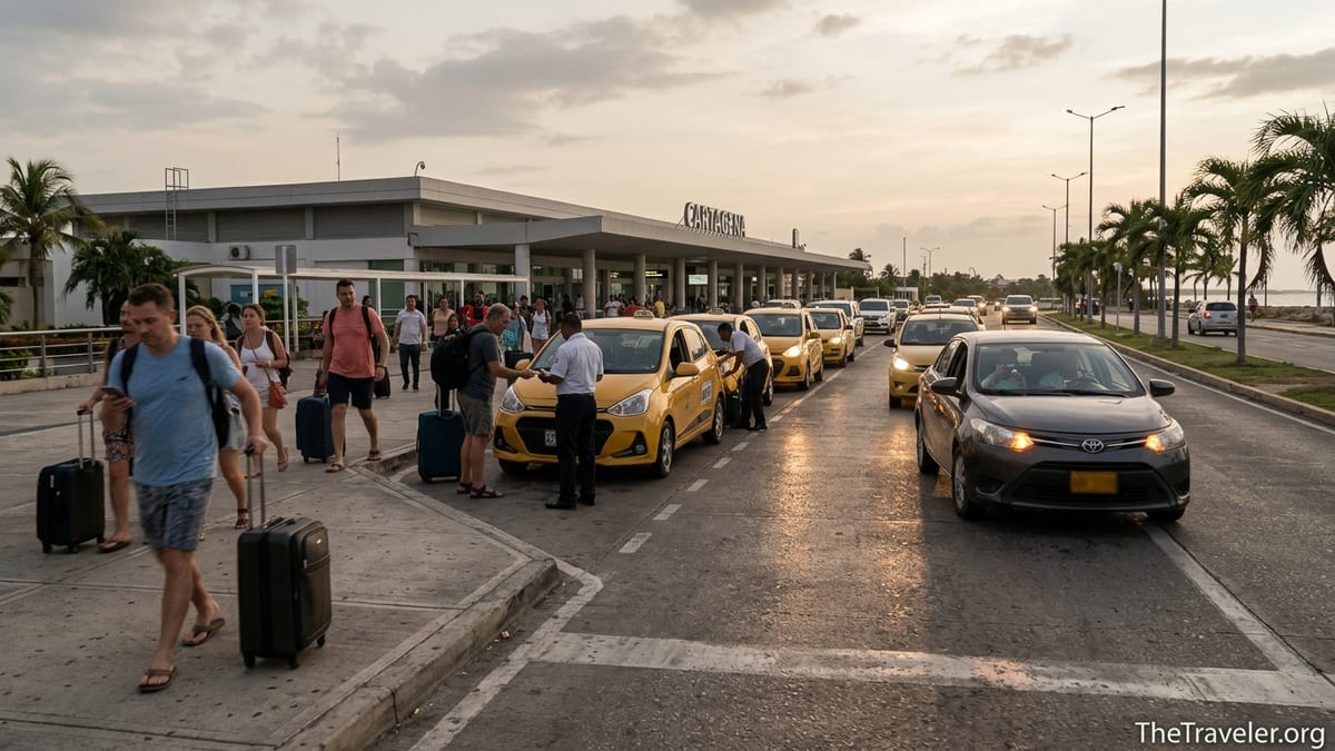 Travelers with luggage choosing taxis and rideshares outside Cartagena Rafael Núñez Airport at dusk.
